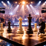 Chess pieces stand on a board under bright stage spotlights, with cameras, an audience, and a TV-show atmosphere all around them, while the king, queen, and knight take center stage as the main characters of a dramatic chess reality show.