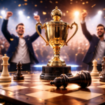 A golden trophy stands at the center of a chessboard beside arranged pieces and a fallen king, while in the background, under bright spotlights, people celebrate victory in the atmosphere of a blitz tournament.