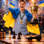 A young chess player with a medal and trophy joyfully celebrates victory while standing by a chessboard with pieces, against a backdrop of falling confetti and bright arena lights.