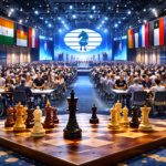 A major international chess forum takes place in a spacious hall with flags of different countries, many playing tables, and participants including players with disabilities, while a large chessboard stands prominently in the foreground.