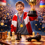 A young chess player with a gold medal joyfully holds a trophy above his head while standing by a chessboard with pieces, against a backdrop of bright lights, confetti, and a large festive arena.