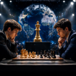 Два молодых шахматиста напряжённо сидят друг напротив друга за доской под яркими софитами, а на заднем плане видны огромный глобус, золотая королевская фигура и атмосфера решающего матча за мировую корону.