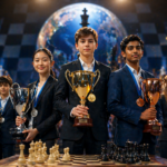 Юные шахматисты с кубками и медалями стоят на церемонии награждения перед шахматной доской, а на заднем плане видны зрители, яркий свет и торжественная атмосфера международного чемпионата.