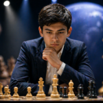 Молодой шахматист сосредоточенно сидит за доской, анализируя позицию при ярком сценическом освещении, а на заднем плане видны крупные шахматные фигуры и атмосфера напряжённого матча.