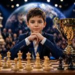 A young chess player in a jacket sits confidently at a chessboard beside a large golden trophy, while bright spotlights, spectators, and the atmosphere of a major international tournament can be seen in the background.