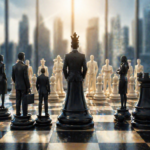 Pieces in the form of business people stand on a large chessboard in a modern office with panoramic windows, while a king rises in the center of the composition as a symbol of power, strategy, and corporate hierarchy.