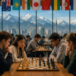 Students from different countries are intently playing chess at tables in a large tournament hall, while panoramic windows reveal the cityscape of Almaty and snow-covered mountains.