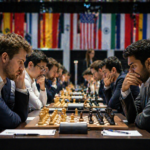 Adult chess players are intensely playing team matches at long tables in a large tournament hall, with flags of different countries hanging above them.