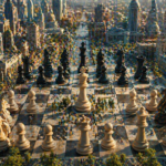 A fantastic city rises from a giant chessboard, where the pieces have turned into architectural centers, streets, and squares, while the king stands in the center as a symbol of power and governance.