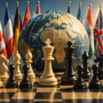 Peças de xadrez estão sobre um tabuleiro diante de um globo e bandeiras de diferentes países, simbolizando o reconhecimento internacional do xadrez e sua entrada no sistema esportivo mundial.