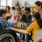 Учитель і група дітей різного віку та можливостей грають у шахи у світлому класі, створюючи атмосферу співпраці, навчання та інклюзивної взаємодії.