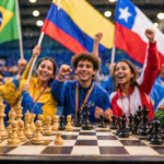 Jovens participantes de jogos internacionais comemoram alegremente ao lado de um tabuleiro de xadrez, segurando bandeiras de países da América do Sul diante de uma arena esportiva iluminada.