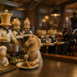 Peças de xadrez representadas como cozinheiros, garçons e clientes trabalham em um restaurante aconchegante: a dama prepara um prato, as torres servem comida e o rei está sentado à mesa como o principal convidado.