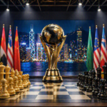 Chess pieces stand on a board in front of a large trophy, international flags, and the night skyline of Hong Kong, creating the atmosphere of the World Team Rapid and Blitz Championship.