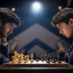 Two young chess players intensely playing across the board under dramatic lighting, symbolizing the youngest world chess championship match in history.