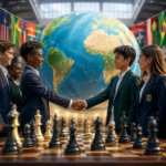 Schoolchildren from different countries shake hands over a chessboard with a large globe and flags in the background, symbolizing an international school team chess championship.