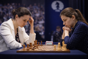 Duas enxadristas estão sentadas frente a frente em uma sala de torneio, totalmente concentradas sobre um tabuleiro de madeira sob uma iluminação suave, enquanto ao fundo aparecem espectadores desfocados.