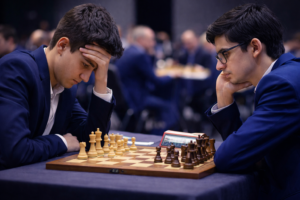 Dois enxadristas travam uma batalha tensa sobre o tabuleiro em um salão de torneio; um deles segura a cabeça, enquanto o outro estuda a posição com máxima concentração em um momento crítico da partida.