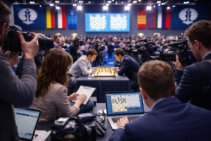 Área de imprensa de um grande torneio internacional de xadrez: jornalistas, fotógrafos e operadores trabalham ao redor da área de jogo, onde dois enxadristas disputam uma partida tensa sob uma iluminação cênica intensa.