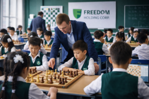 Uma sala de aula onde crianças jogam xadrez com grande concentração em suas carteiras, enquanto um professor ajuda os alunos e observa as partidas no âmbito de um grande programa educacional.