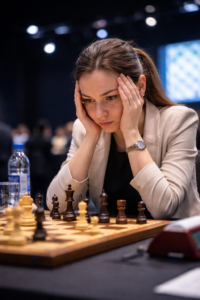 Uma enxadrista está sentada de forma tensa diante do tabuleiro, segurando as têmporas e olhando com concentração para a posição, em meio à atmosfera pesada de um difícil momento de torneio após uma partida complicada.