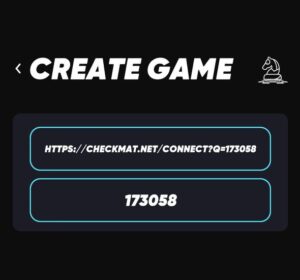 Pantalla de la aplicación móvil Checkmat con la función de crear partida, mostrando un enlace de conexión y un código único de sala para invitar a un amigo.