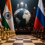 A chessboard in the foreground with pieces in the starting position, with flags of the USA, India, and Russia on both sides. In the background, a globe and an arena with blurred spectators, creating the atmosphere of an international tournament.
