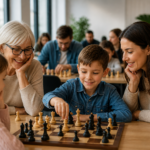 A child makes a move on a chessboard while a mother and grandmother watch with smiles in a warm family atmosphere.