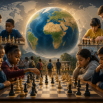Children from different countries play chess in front of a large globe, symbolizing global chess development and FIDE educational programs.