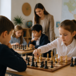 Children play chess in a modern school classroom under the guidance of a teacher during an educational chess lesson.