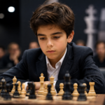 A young chess player carefully analyzes a position during a professional chess tournament in a tense playing atmosphere.
