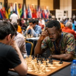 Participants of an international amateur chess championship play rapid and blitz games in a large tournament hall with flags from different countries.