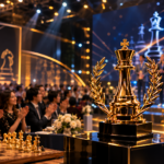 Elegant chess trophies and awards at a luxurious KazChess Awards ceremony in a large hall with festive lighting and the atmosphere of a chess gala evening.