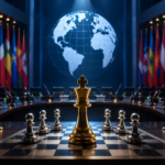 Chess pieces against the background of an international meeting hall with national flags symbolize elections and political processes within FIDE.