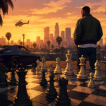 A chessboard in the style of a crime video game, set against a big city, sports cars and a protagonist in a GTA-like atmosphere.