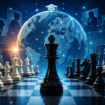 A digital chess platform with a global online network, interactive learning and chess pieces symbolizes the development of FIDE EDU educational technologies.