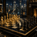 A luxurious chessboard with gold and black pieces in an elite interior with a panoramic view of a nighttime metropolis.