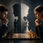 Ein Mann und eine Frau konzentrieren sich beim Schachspiel an einem Brett in einem angespannten intellektuellen Duell mit kontrastreicher Beleuchtung.
