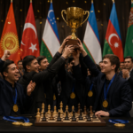 A team of chess players celebrates victory with a trophy and medals at the first team chess championship among Turkic peoples.