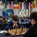 Young chess players from different countries take part in the World Youth Chess Championship in a large international tournament hall.
