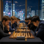 World chess stars play games at the World Team Rapid and Blitz Championship in a modern hall with a panoramic view of nighttime Hong Kong.