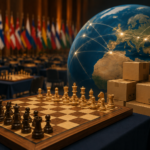 Chess boards from the FIDE Olympiad prepared to be sent to new owners, with international flags and a symbolic globe in the background.