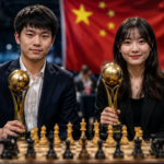 Xu Xiangyu and Yan Tianqi posing with championship trophies in front of the Chinese flag and a chess arena after winning the Chinese Championship.
