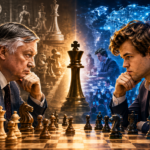 Ilustração cinematográfica dividida em duas partes: à esquerda Anatoly Karpov em ambiente clássico de xadrez com peças de madeira, à direita Magnus Carlsen em ambiente digital moderno de e-sports. No centro, um rei de xadrez simboliza o choque de eras.