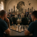 Cena cinematográfica interior com dois homens a jogar xadrez em primeiro plano, enquanto ao fundo um grupo participa numa discussão de seminário. O espaço parece uma sala institucional com janelas altas em arco, iluminação natural suave e um mural abstrato com simbolismo do xadrez.