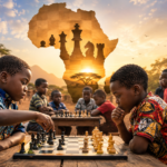 Afrikanische Kinder spielen draußen bei Sonnenuntergang Schach, während andere Jugendliche zuschauen; im Hintergrund ist die Silhouette Afrikas aus Schachfiguren gebildet. Die Atmosphäre symbolisiert das Wachstum des Schachs und der Bildung in Afrika.