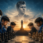 Young chess players of different nationalities intensely compete around a giant chessboard beneath the symbolic image of Magnus Carlsen and a massive king chess piece, representing the transition to a new era in world chess.