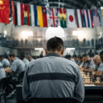 Prisoners from different countries participate in an international chess tournament inside a large correctional facility hall, intensely focused on their games beneath the flags of various nations.
