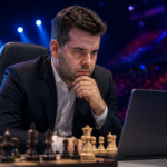 A chess grandmaster intensely playing on a laptop at an esports arena with dramatic stage lighting, while chess pieces in the foreground emphasize the atmosphere of a digital tournament.