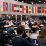 Journalists and camera operators cover the international Chess Olympiad in a large tournament hall where hundreds of players compete under different national flags.